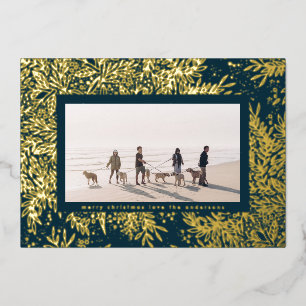 Tarjeta Festiva Con Relieve Metalizado Navidades azules de invierno dorados marco de foto