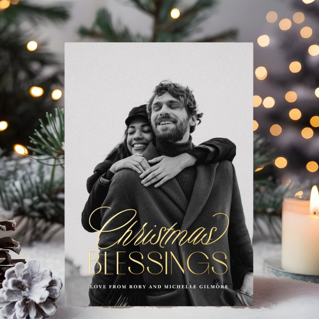 Tarjeta Festiva Con Relieve Metalizado Navidades Bendición Texto Elegante Superposición 1 (Christmas Blessings gold foil text overlay Christmas photo card)