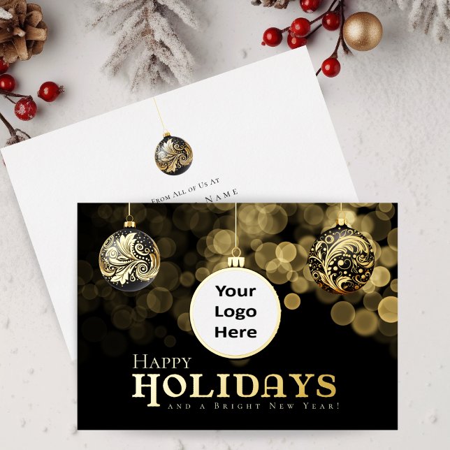 Tarjeta Festiva Con Relieve Metalizado Navidades Black and Gold Business Felices Fiestas (Happy Holidays Black and Gold Foil Logo Ornament Corporate Business Christmas Card)