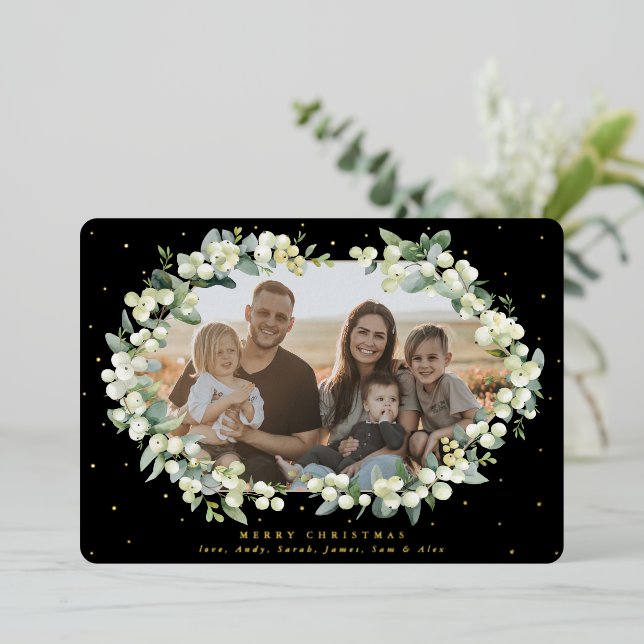 Tarjeta Festiva Con Relieve Metalizado Navidades Black Snowberry + Eucalyptus Foto (Anverso de pie)