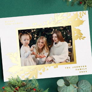 Tarjeta Festiva Con Relieve Metalizado Navidades blancos modernos marco botánico de foto 