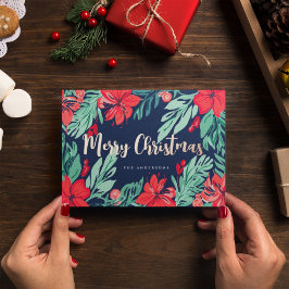 Tarjeta Festiva Con Relieve Metalizado Navidades Blue Red Botanical Elegant