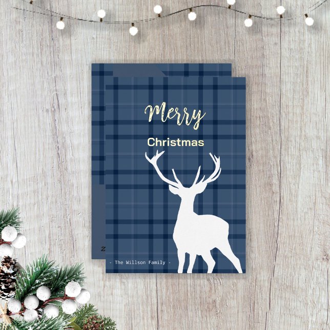 Tarjeta Festiva Con Relieve Metalizado Navidades Blue Tartán Y Venado (Subido por el creador)