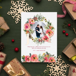 Tarjeta Festiva Con Relieve Metalizado Navidades botánicos de Floral Wreath Red Joy Foto