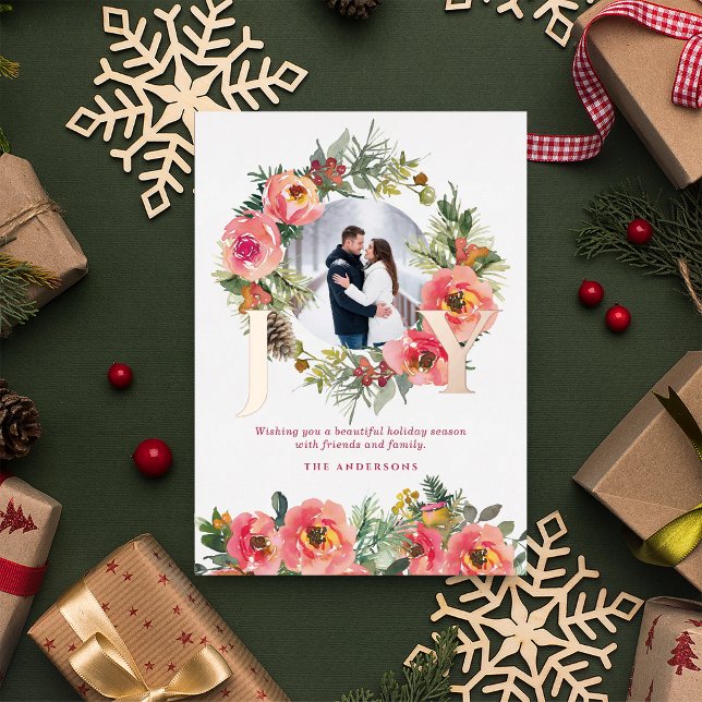 Tarjeta Festiva Con Relieve Metalizado Navidades botánicos de Floral Wreath Red Joy Foto (Subido por el creador)