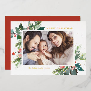Tarjeta Festiva Con Relieve Metalizado Navidades botánicos de Watercolor Holly Foto