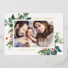 Tarjeta Festiva Con Relieve Metalizado Navidades botánicos de Watercolor Holly Foto