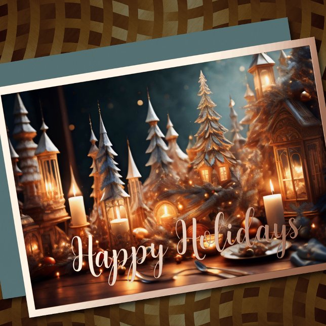 Tarjeta Festiva Con Relieve Metalizado Navidades Candles Village Gray Tablescape (Subido por el creador)