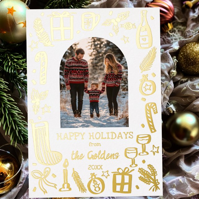 Tarjeta Festiva Con Relieve Metalizado Navidades caprichosos, ORO FOTOGRÁFICO Personaliza (Whimsical Christmas Cute Custom PHOTO GOLD Foil Holiday Card
)