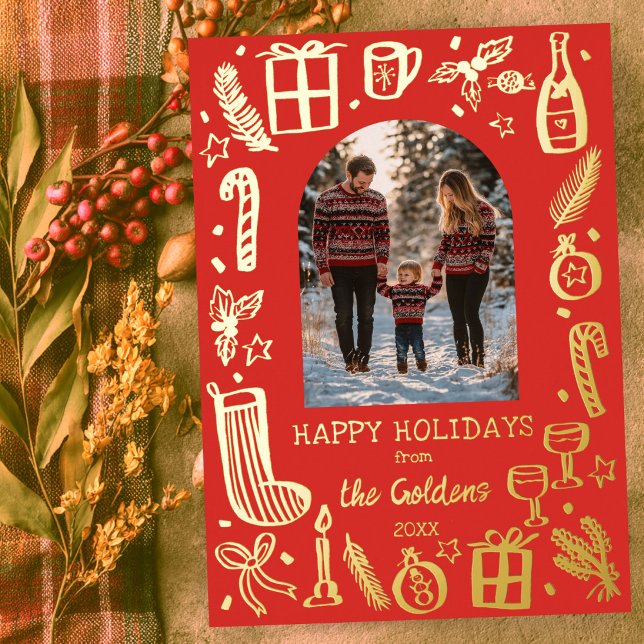Tarjeta Festiva Con Relieve Metalizado Navidades caprichosos, ORO FOTOGRÁFICO Personaliza (Whimsical Christmas Cute Custom PHOTO GOLD Foil Holiday Card
)