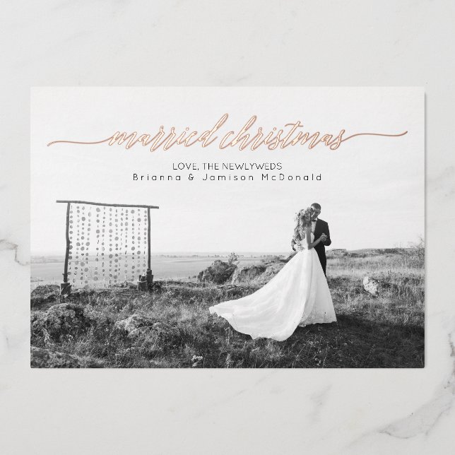 Tarjeta Festiva Con Relieve Metalizado Navidades casados Foto recién casada (Anverso)