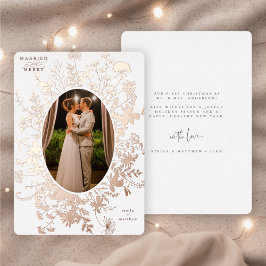Tarjeta Festiva Con Relieve Metalizado Navidades casados y con flores de merry Foto Rosa