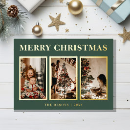 Tarjeta Festiva Con Relieve Metalizado Navidades clásicos minimalistas tres fotos verdes
