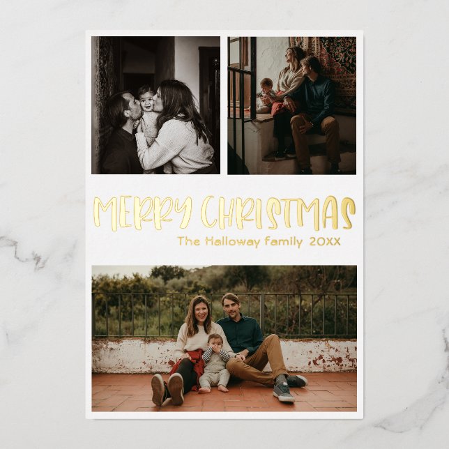 Tarjeta Festiva Con Relieve Metalizado Navidades clásicos simples tres fotos oro (Anverso)