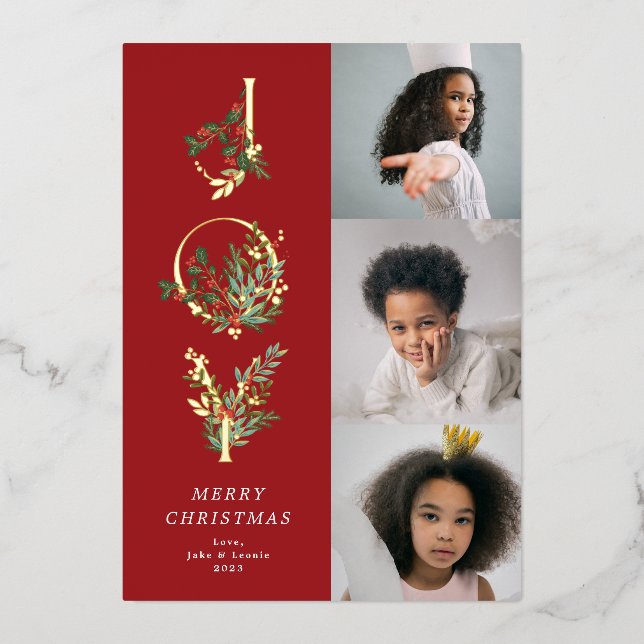 Tarjeta Festiva Con Relieve Metalizado Navidades Classic Red Botanic JOY Collage Photo (Anverso)
