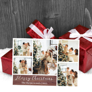 Tarjeta Festiva Con Relieve Metalizado Navidades Collage de fotos Rústico de la Familia d