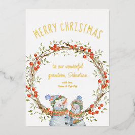 Tarjeta Festiva Con Relieve Metalizado Navidades cortos Snowman Winter Berry Wreath Gold