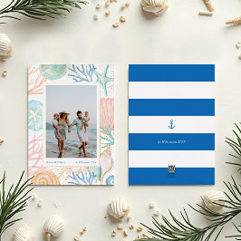 Tarjeta Festiva Con Relieve Metalizado Navidades costeros Beach Watercolor Seashell Photo
