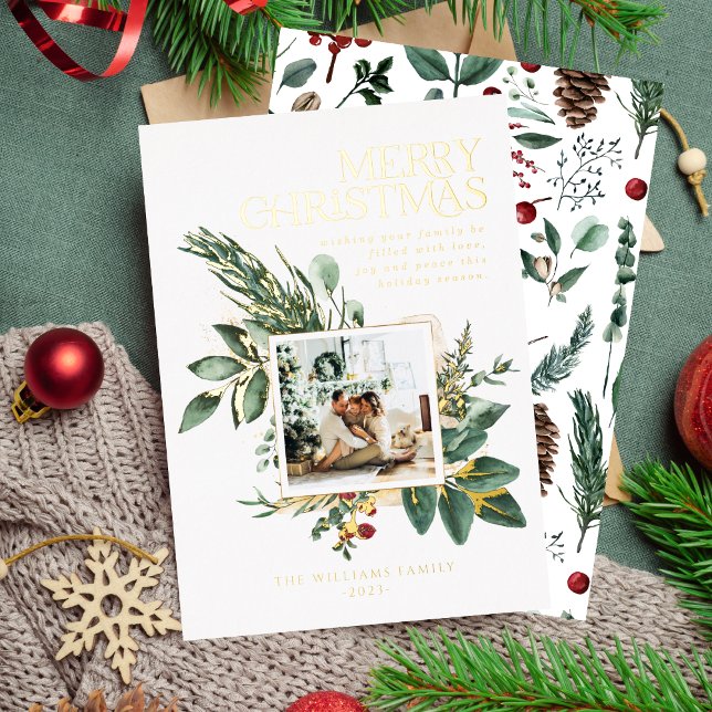 Tarjeta Festiva Con Relieve Metalizado Navidades de acuarela moderna Foto botánica única (Subido por el creador)