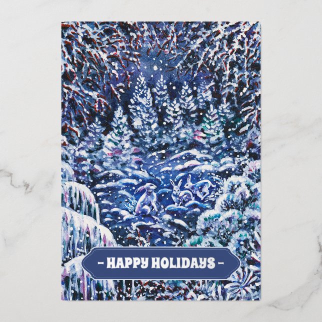 Tarjeta Festiva Con Relieve Metalizado Navidades de acuarela pintados a mano en la noche  (Anverso)