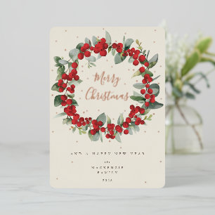 Tarjeta Festiva Con Relieve Metalizado Navidades de Berries y Eucaliptus rojos no fotogra