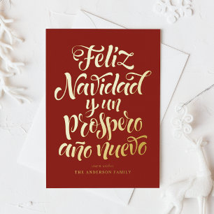 Tarjeta Festiva Con Relieve Metalizado Navidades de caligrafía Red Feliz Navidad