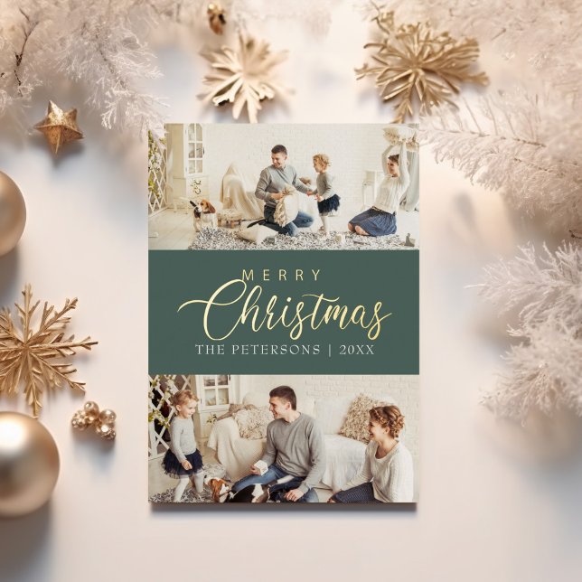 Tarjeta Festiva Con Relieve Metalizado Navidades de Collage de fotos modernos y elegantes (Modern Elegant Photo Collage Christmas Greeting Foil Holiday Card on a table with golden decor.)