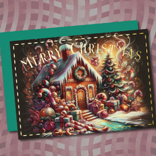 Tarjeta Festiva Con Relieve Metalizado Navidades de dibujo pastel Holiday Gingerbread Hou