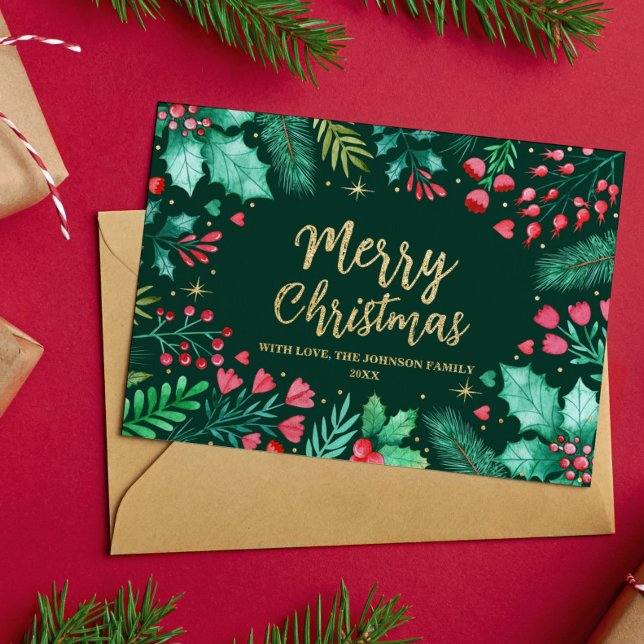 Tarjeta Festiva Con Relieve Metalizado Navidades de follaje botánico acuarela (Watercolor Botanical Foliage Christmas Foil Holiday Card)