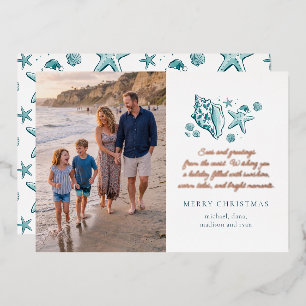 Tarjeta Festiva Con Relieve Metalizado Navidades de Foto de Playa Mares y Saludos