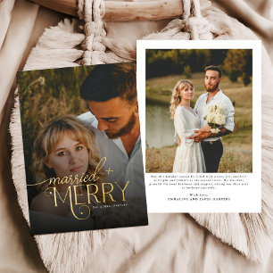 Tarjeta Festiva Con Relieve Metalizado Navidades de foto de recién casados y merry