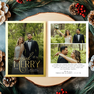 Tarjeta Festiva Con Relieve Metalizado Navidades de foto de recién casados y merry