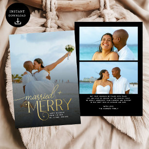 Tarjeta Festiva Con Relieve Metalizado Navidades de foto de recién casados y merry