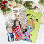 Tarjeta Festiva Con Relieve Metalizado Navidades de fotografía del Elf retro mágico de me<br><div class="desc">Su foto familiar brilla con copos de nieve de Relieve metalizado metálico REAL y texto en su elección de oro, oro rosa o plata en la parte delantera de esta tarjeta personalizada. El diseño de Navidades divertidos en la parte trasera fue creado usando mi elfo mediático mixto pintado a mano...</div>