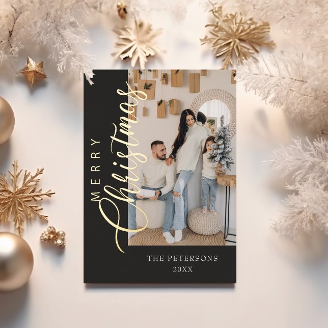 Tarjeta Festiva Con Relieve Metalizado Navidades de fotografía gris de grafito moderno sa (Modern Graphite Grey Photo Christmas Greeting Foil Holiday Card with golden Christmas decoration.)