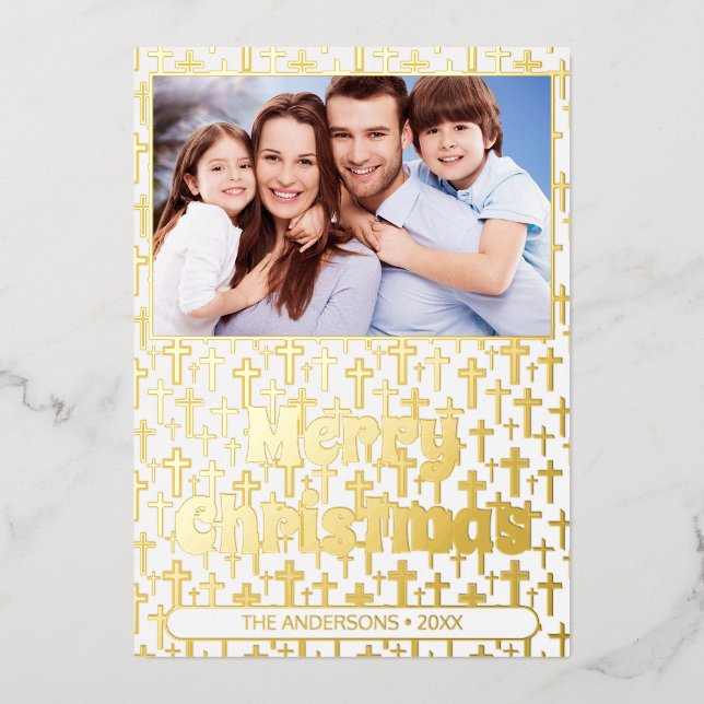 Tarjeta Festiva Con Relieve Metalizado Navidades de fotografía modernos, oro Jesús cruza  (Anverso)