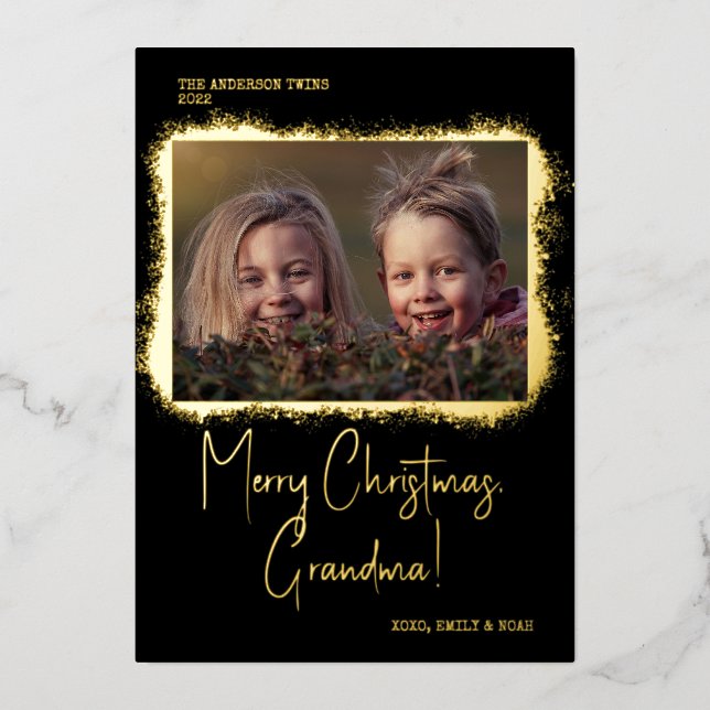 Tarjeta Festiva Con Relieve Metalizado Navidades de fotos de escritura moderna (Anverso)