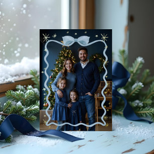Tarjeta Festiva Con Relieve Metalizado Navidades de fotos de la cinta azul de onda de mod