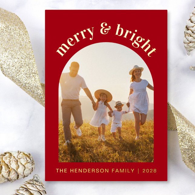 Tarjeta Festiva Con Relieve Metalizado Navidades De Fotos De Merry Y Bright Arch (Share the love and warmth of the season with an elegant gold foil photo Christmas card)