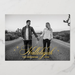 Tarjeta Festiva Con Relieve Metalizado Navidades de Gold Script Hallelujah Foto religio