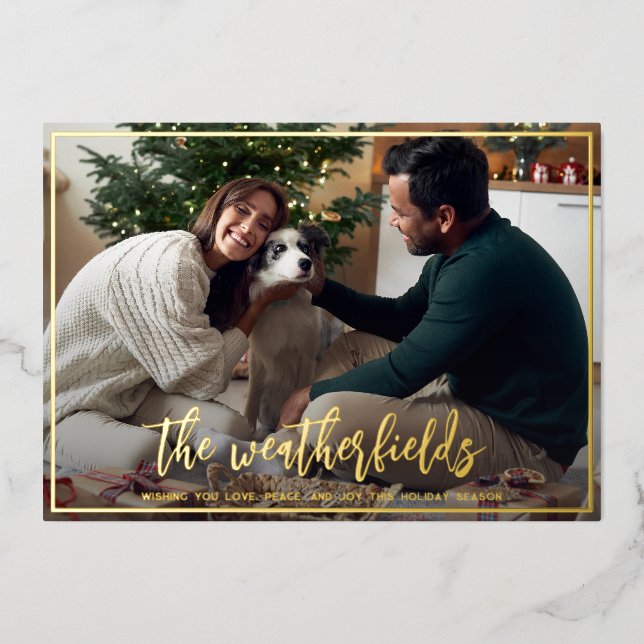 Tarjeta Festiva Con Relieve Metalizado Navidades de guión mínimo moderno oro (Anverso)