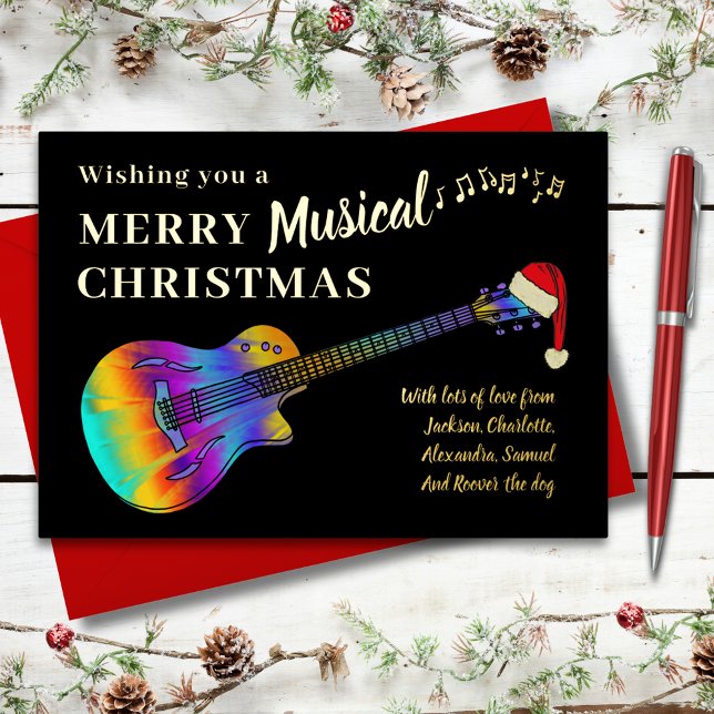 Tarjeta Festiva Con Relieve Metalizado Navidades de guitarra con oro personalizado (Guitar merry musical Christmas black and gold foil custom holiday card)