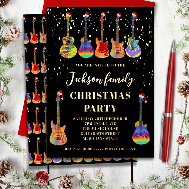 Tarjeta Festiva Con Relieve Metalizado Navidades de guitarra con temas musicales Fiesta n (Music themed christmas party black and gold foil invitation cool colorful guitars wearing santa hats)