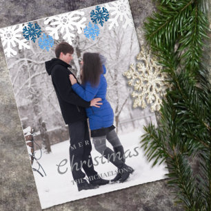 Tarjeta Festiva Con Relieve Metalizado Navidades de invierno con copos de nieve azul plat