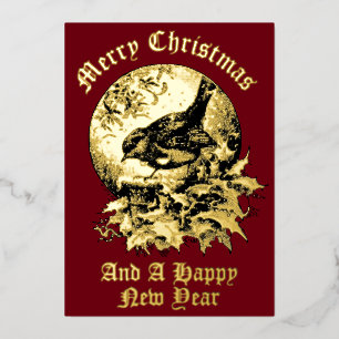 Tarjeta Festiva Con Relieve Metalizado Navidades de la era victoriana: Ave, Holly y Mistl