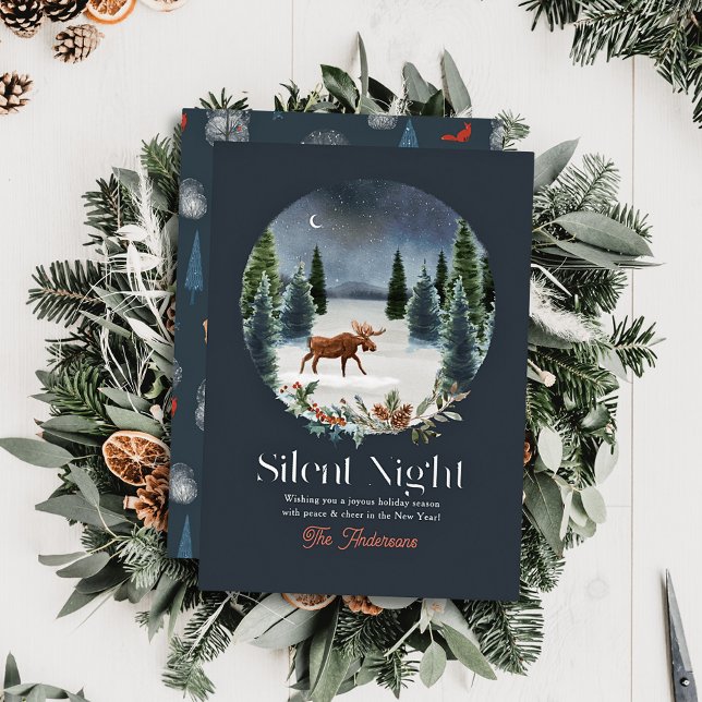 Tarjeta Festiva Con Relieve Metalizado Navidades de la selva nocturna silenciosa Moose de (Subido por el creador)