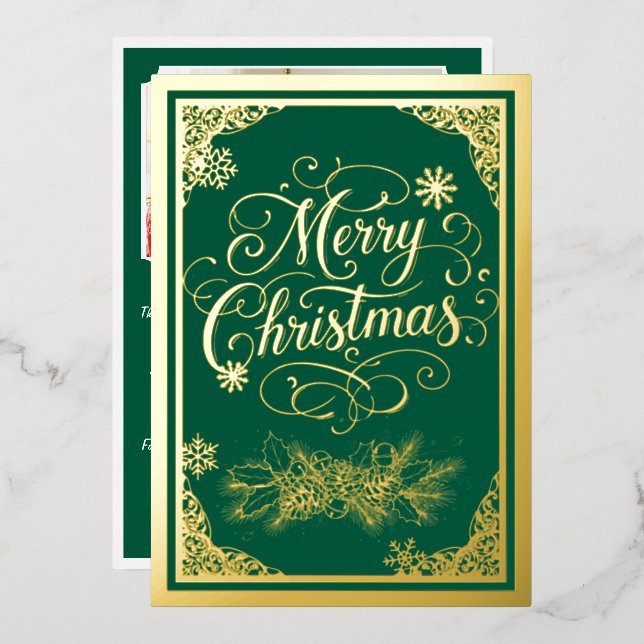 Tarjeta Festiva Con Relieve Metalizado Navidades de los tableros de juguete foto verde de (Anverso/Reverso)