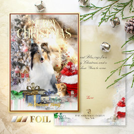 Tarjeta Festiva Con Relieve Metalizado Navidades de Mascotas mágicos, Blue Merle Collie &