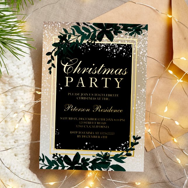 Tarjeta Festiva Con Relieve Metalizado navidades de moda elegantes de la hoja de la tipog (gold typography leaf snow elegant chic Christmas Foil Holiday Card)