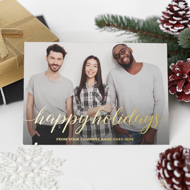 Tarjeta Festiva Con Relieve Metalizado Navidades de negocios Foto Felices Fiestas (Real gold foil happy holidays team photo xmas card)